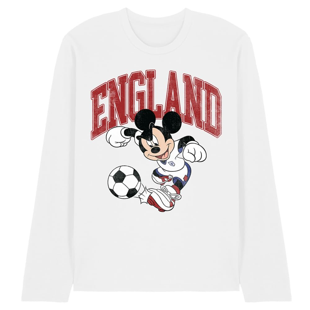 Disney Unisex Mickey Mouse England Football Long Sleeve T-Shirt, White | Size: Medium