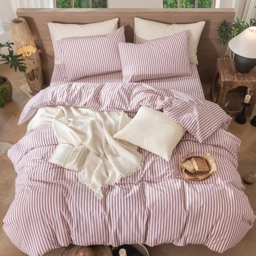 Image of MooMee Striped Duvet Cover Set 100% Washed Cotton Linen Like King | Relaxed Linen-like Texture. Soft, Breathable & Long-lasting Comfort. Lightweight. Hidden Zipper with 8 Interior Corner Ties