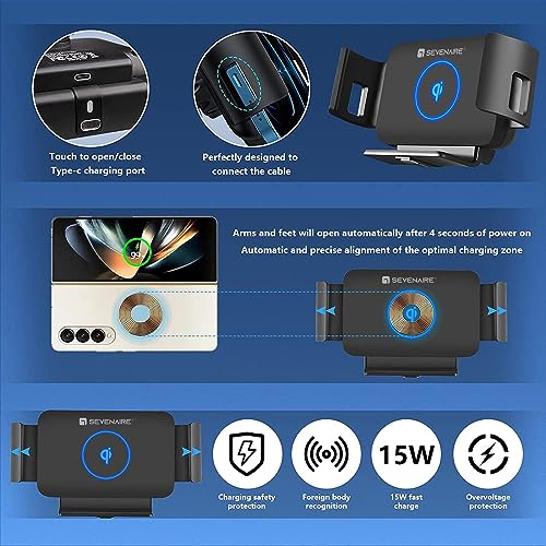 Image of SEVENAIRE S1 Wireless Charger for Car, Car Phone Holder Wireless Charger for Z Fold 6 /5 /4 /3 /2, Galaxy S Series, iPhones, Pixel Fold | 15W Fast Charging |Auto Clamping | Dash & AC Mount + Car Charger