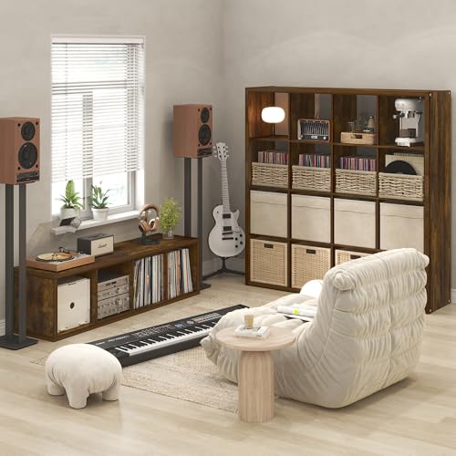 Image of Furinno Cubicle Record Player Stand, 12-Cube Record Storage, Amber Pine | Vinyl Storage, 1.2 inchInch Extra Thick, Open Back Media Shelf for CD DVD Bluray Game Disc, for Living Room, Home Office