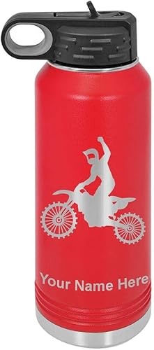 LaserGram Botella de agua con tapa abatible de doble pared de 40 onzas con pajita, motocross, grabado personalizado incluido (rojo)