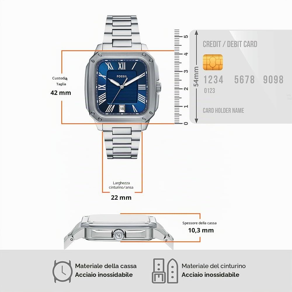 Fossil Orologio Crosby da uomo, movimento al quarzo con data a tre lancette e cinturino in acciaio inossidabile