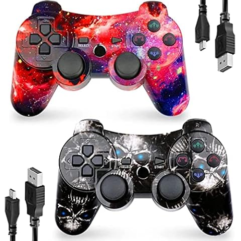 CHENGDAO Wireless Controller 2 Pack Compatible with Playstation 3 with High Performance Double Shock,Motion Control,USB Cable (Skull + Galaxy) Cover