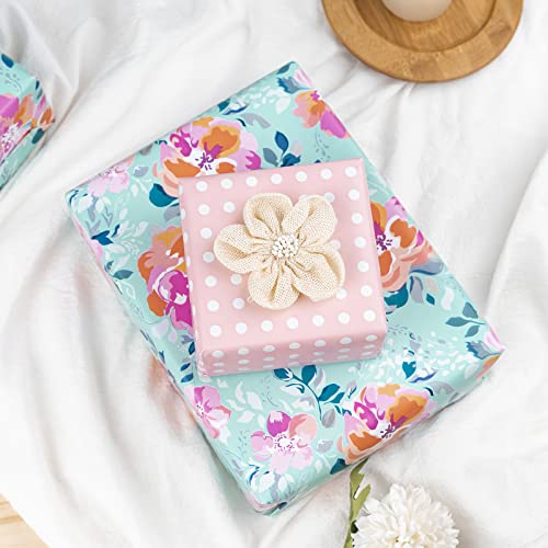 Lezakaa Reversible Floral Wrapping Paper Jumbo Roll - Flower In Blue & White Dot In Pink - 24 Inches X 100 Feet (200 Sq.ft.) #TOP3