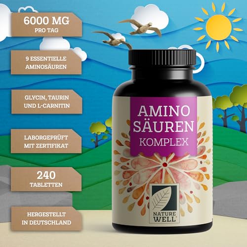 Aminosäuren Komplex hochdosiert - 240 Tabs. mit 6.000 mg Aminosäuren pro Tag - 9 essentielle Amino-Säuren (EAA) + Taurin, Carnitin & Glycin - laborgeprüft mit Analyse-Zertifikat - 100% vegan