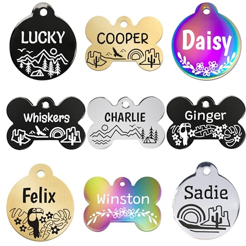 GoTags Dog Tags, Personalized Pet Tags in Stainless Steel, Solid Brass, Rainbow Steel or Black Steel with Cute Custom Design for Dogs and Cats, Engraved on Both Sides, Made in USA, Bone Small