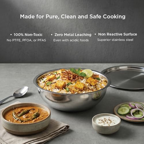 Image of Meyer Trivantage Pro Tasla, Triply Stainless Steel Cookware SS 304 Grade with Lid | Triply Tasla /Tasra Cook & Serve | Induction Base cookware | 22 CM 2.15 Liters | 10 Year Warranty | Silver