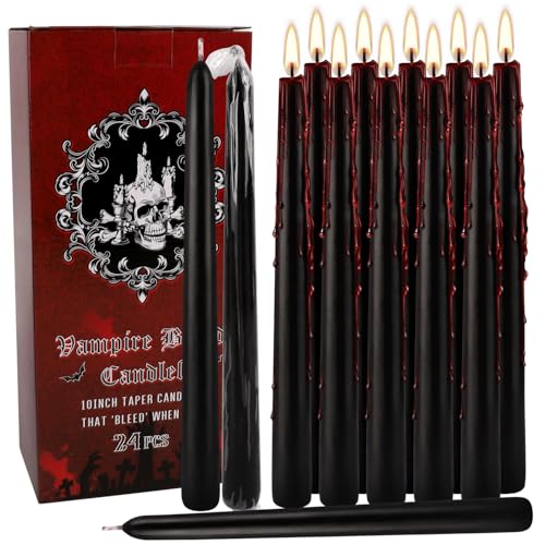 24 Pack Halloween Bleeding Candles Black Gothic Taper Candles with Realistic Blood Drip Effect Vampire Decor for Haunted Houses Horror Theme Parties Gothic Home Decorations 9.8 Inch