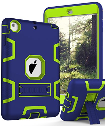 TIANLI iPad Mini Case,iPad Mini 2 Case,iPad Mini 3 Case Kids Soft Rubber & Plastic Three Layer Shockproof Protection Anti-Scratch Protective Cover with Built-in Kickstand - Navy Blue Lemon Yellow