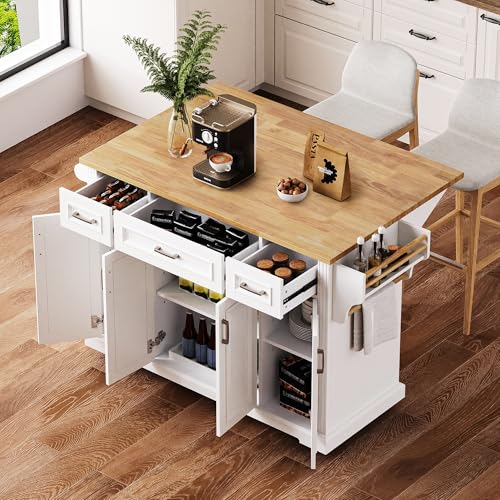 54 inch Large Kitchen Island with Rubber Wood Drop Leaf, Embossed Texture Rolling Kitchen Cart on 4 Wheels with 4 Doors and 3 Drawers by Merax - Image 2