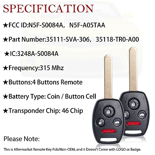 MechanMagic 2PCS Key Fob Remote Replacement Fits for Honda Civic EX Si Hybrid 2006 2007 2008 2009 2010 2011 2012 2013 Acura Mdx 2007-2013 N5F-S0084A Keyless Entry 4 Btns Remote Control 35111-SVA-306 by MechanMagic - Image 4