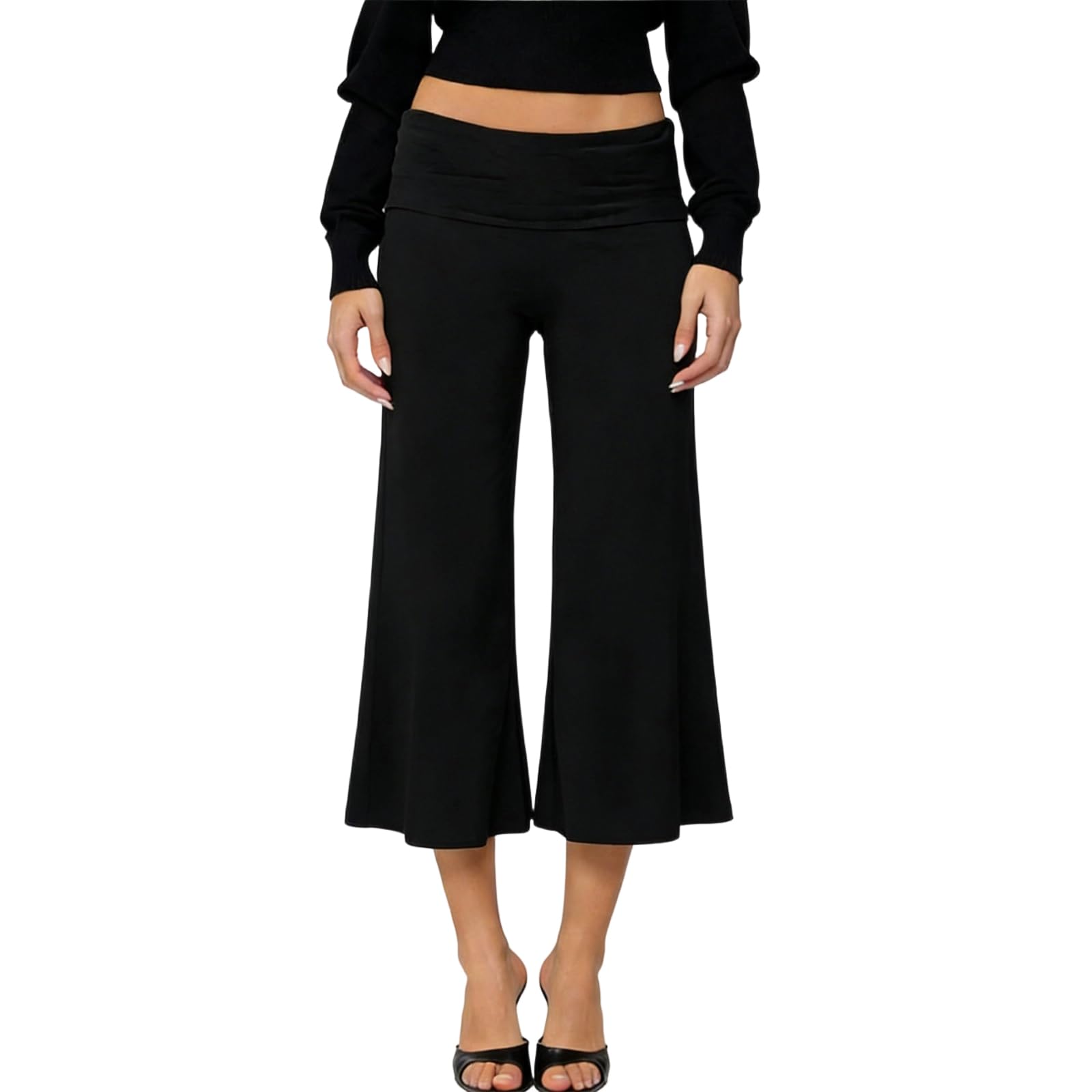 Photo 1 of Qmlyev Fold Over Capri Pants for Women Low Rise Wide Leg Yoga Capris Summer Cute Going Out Flowy Gaucho Pants Streetwear (Black, M)
