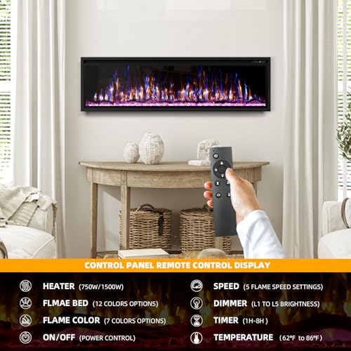 BREEZEHEAT 72 Inch Electric Fireplace-Recessed & Wall Mounted Linear Fireplace-750/1500W Heater w/Temperature Control, Log & Crystal Options, Adjustable Flame, Remote Control - Thumbnail 3