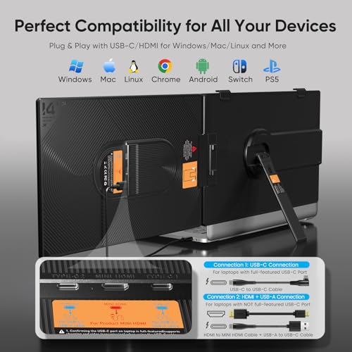 Image of Laptop Screen Extender, 14 inch FHD 1080P Dual Screen Monitor for Laptop Ultra-Light Portable Monitor with USB-C /HDMI, Plug & Play for Windows /Mac /Chrome /Android