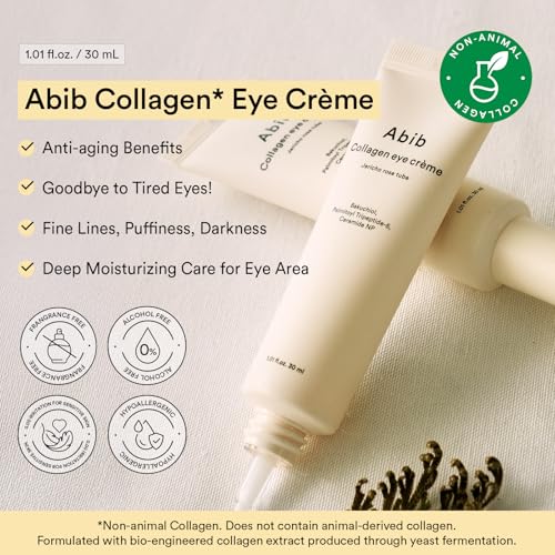 Image of Abib Non-animal Collagen Eye Cream Jericho Rose Tube, 1.01 fl. oz.(30 mL), Anti-Aging Eye Cream with Bakuchiol, Caffeine, Niacinamide for Dark Circles, Puffiness, Wrinkles, Fine Lines, Korean Skincare