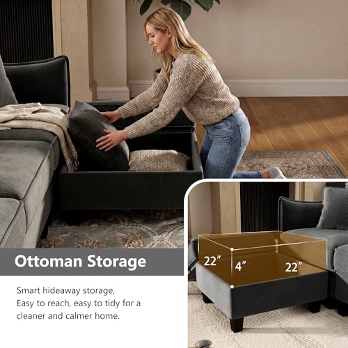 Image of Ihanherry 112 inch Modular U-Shaped Sectional Sofa, Modern 6-Seat Cloud Couch with 2 Storage Ottomans, Comfy Chenille Convertible Furniture Set for Living Room, Apartment, Easy Assembly, Dark Grey