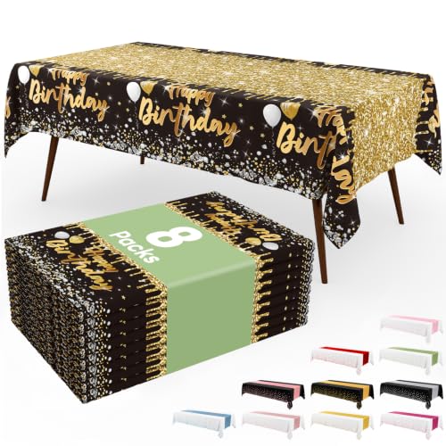 Image of Smiry Plastic Table Cloth Disposable 8 Pack, 54 x 108 Inch Rectangle Waterproof Tablecloth, Printed Gold Table Runner Style for Birthday Weeding, Party Decorations, Leakproof & Sturdy, Black and Gold