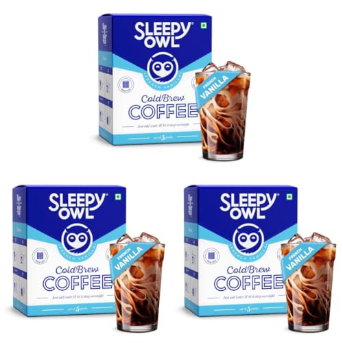 Image of Sleepy Owl French Vanilla Cold Brew Coffee Bags | Set of 15 Packs - Makes 15 Cups | Easy 3 Step Overnight Brew - No Equipment Needed | Medium Roast | 100% Arabica | Directly Sourced From Chikmagalur
