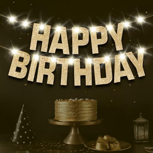 KatchOn Light Up Birthday Banner - 10 Feet, 8 Modes | Glitter Gold Party Banner | Happy Birthday Sign | Light Up Decorations