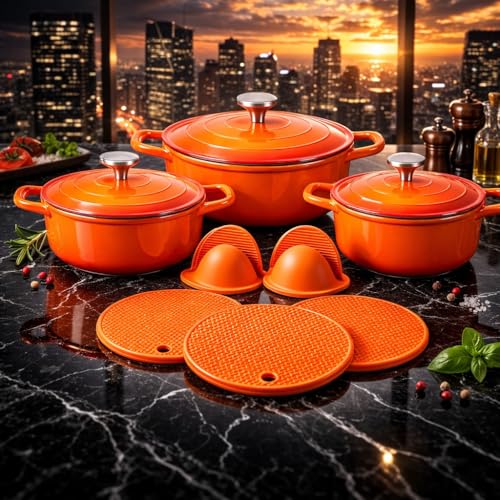 Conjunto Jogo de Panelas Caçarolas 8 Peças Antiaderente Aquecimento Uniforme Alta Durabilidade Compatível Fogão Gás Indução Elétrico com 2 Pegadores e 3 Descansos Silicone Premium