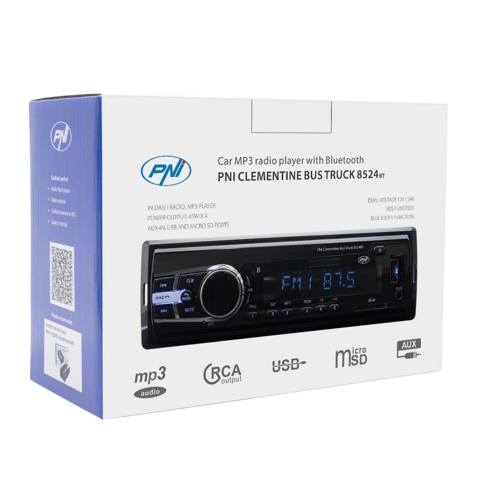 Radio MP3 Player Auto PNI Clementine Bus LKW 8524BT 4x45w, RDS, 12V / 24V 1 DIN cu SD, USB, AUX, RCA SI Bluetooth 24 Volt