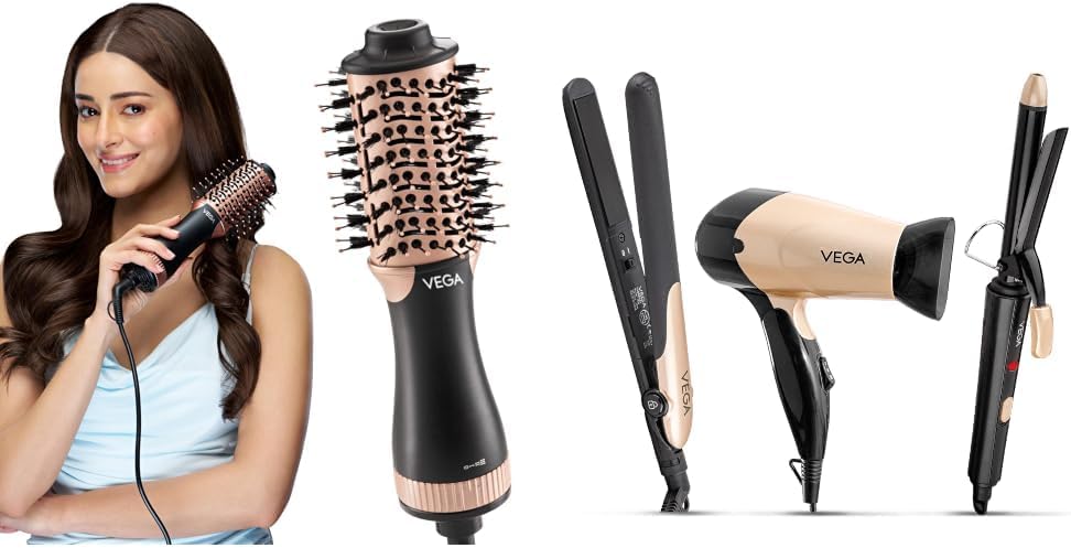 Vega Litstyle L3 Volumizer Hair Blow Dryer Brush With 3 Heat/2 + Miss Versatile Styling Set Straightener, Curler & Dryer (Combo Pack of 2)