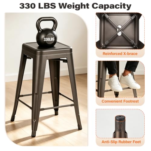 Image of FDW 24 inch Metal Counter Stools Set of 4, Stackable, Bronze | Heavy-duty steel frame | X-brace support | Stackable backless design | Kitchen island, patio and bar seating