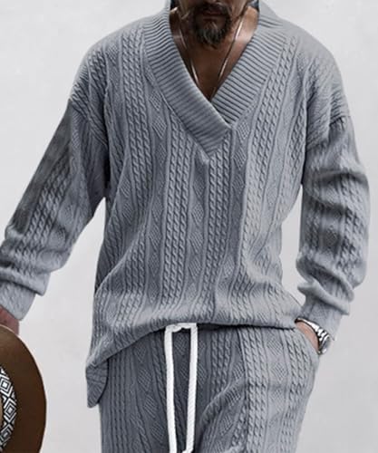 Men's Lightweight V Neck Sweater Solid Color Pullover Cable Knit Baggy Thickened Sweaters2