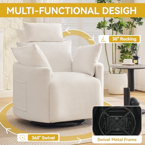 Image of Manual Rocking Chair Nursery, 360 Swivel Recliner Chair with Side Pocket, Glider Reclining Chair for Adults Small Space, Barrel Recliners with 2 Pillows for Living Room, Chenille White