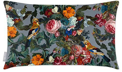 Image of Izabela Peters Cushions With Covers Included, Filled Cushion, Eco-Friendly Velvet Cushions, 50 x 30 cm, Birds in Paradise-French Grey, Chair Cushions, Sofa Cushions, Seat Cushions