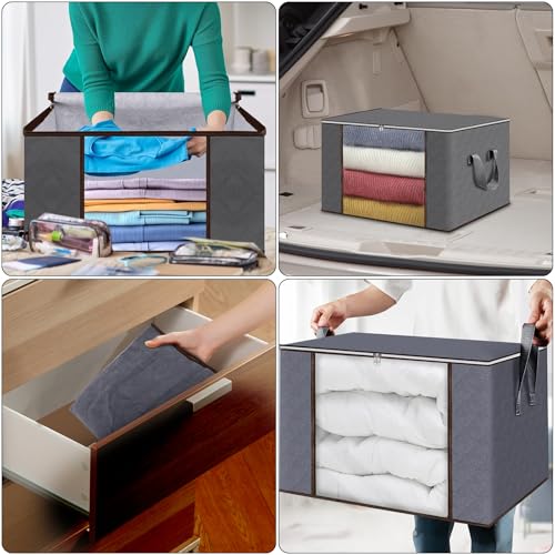 Zikenis 6 Stück 90L Aufbewahrungstasche,Aufbewahrungsbox mit Deckel,Faltbare Kleideraufbewahrung Umzugskartons mit Verstärkt Griff, Kleiderschrank Organizer,für Kleidung Bettdecken und Bettwäsche,Grau