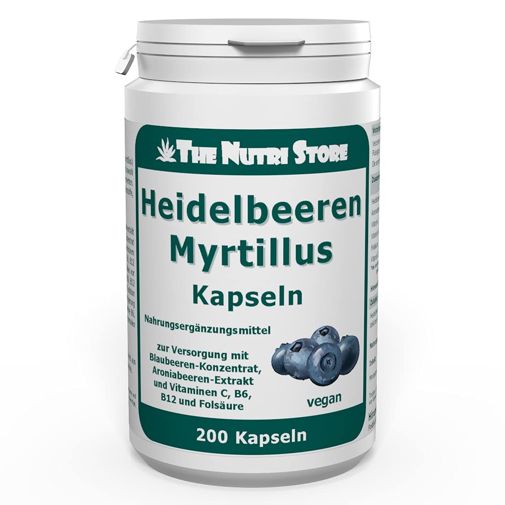 Heidelbeeren Myrtillus vegane Kapseln 200 Stk. mit Blaubeeren-Konzentrat, Aroniabeeren-Extrakt und Vitaminen C, B6, B12 und Folsäure