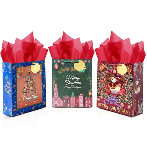 qiqee Grands sacs cadeaux de Noël de 33 cm avec papier de soie, 3 motifs « Merry Christmas » (3 pièces + 9 mouchoirs)