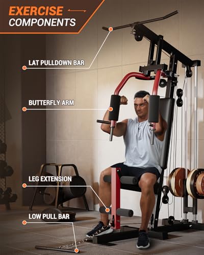 Multifunctional Home Gym Equipment with Lat Pulldown, Exercise Workout Station with Leg Press,Max 300LBS Capacity Home Gym Mahcine for Full Body Strength Training,Fit 1" & 2" Weight Plates(No Include)