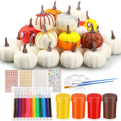 Hollowfly Thanksgiving DIY Fall Pumpkin Painting Kits Halloween Artificial Pumpkins Decorative Assorted White Fall Foam Pumpkins Craft Party Holiday Decoration(24 Sets)