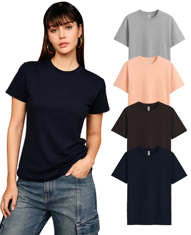 Image of SLEEPY NUTS Women's Plain Round Neck Regular Fit Half Sleeve Cotton T Shirt
