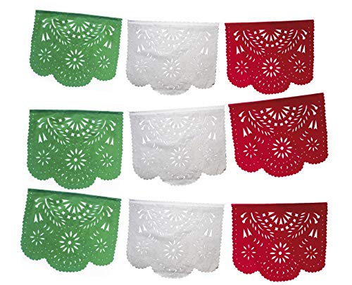 Fiesta Brands Mexican Papel Picado Banner."Tri Color".Green White And Red Vibrant Colors Tissue Paper. Large Size Panels. Multicolored Flowers Design thumb #3
