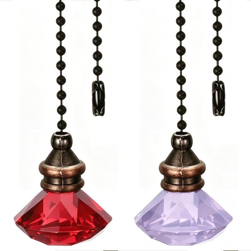 Image of 2pcs Crystal Diamond Ceiling Fan Pull Chain Ornament, 12 inch Ball Chains Red & Purple Fan Light Pulls Decorative Extension with Connector