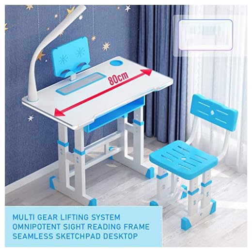 CocoMarket Desk and Chair Set for Kids, Height Adjustable Combined Study Table Chair Sets Student Writing Desk for Studying, Reading and Drawing with Drawer Lamp Bookstand (80cm/Blue)
