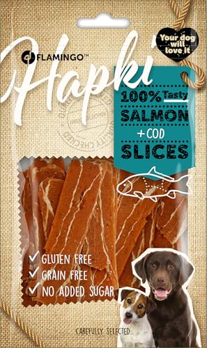 Snacks para Perros - Hapki Rodajas de salmón y Bacalao - Sin Gluten - Sin Cereales - 85 g - Flamingo