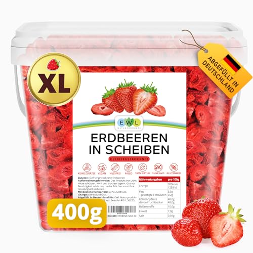 EWL Naturprodukte Erdbeeren gefriergetrocknet 400g, im bruchsicheren Eimer, gefriergetrocknete Erdbeeren in Deutschland abgefüllt, vegan und natürlich lecker