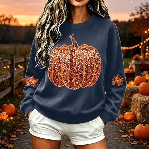 Pumpkin Sweatshirt Women Sequin Oversized Crewneck Halloween Sweatshirts - image 2