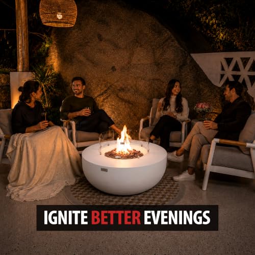Image of AMS Creations | Eclipse 44 inch Bundle Round Cast Concrete Propane Gas Fire Pit Bowl Table | Cream White | Smooth Texture Surface | Electronic Ignition | Outdoor Patio Heater Outside Backyard Fireplace