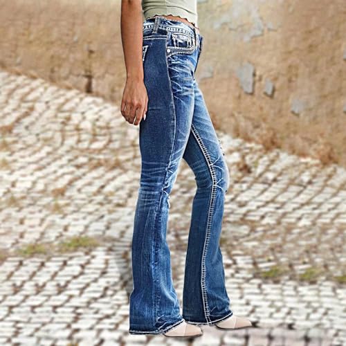 Women's Mid Wasited Flare Ripped Stretchy Jeans Bootcut Slim Button Fly Y2K Bell Bottom Denim Pants2