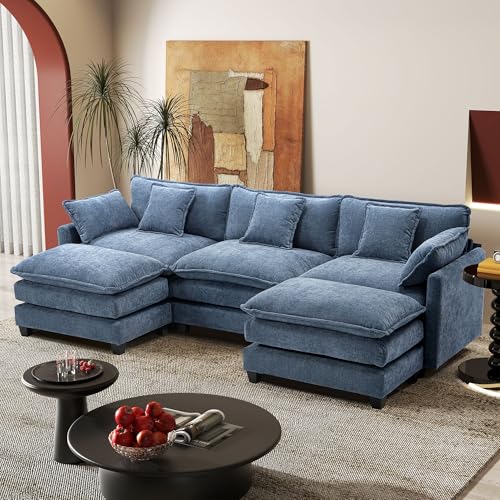 Image of 113.4 inch Modular Sectional Sofa,Cloud Couch for Living Room, Modern Deep Seat Sofa 3 Seater Chenille Fabric Comfy Couches with Throw Pillows & Ottoman for Apartment