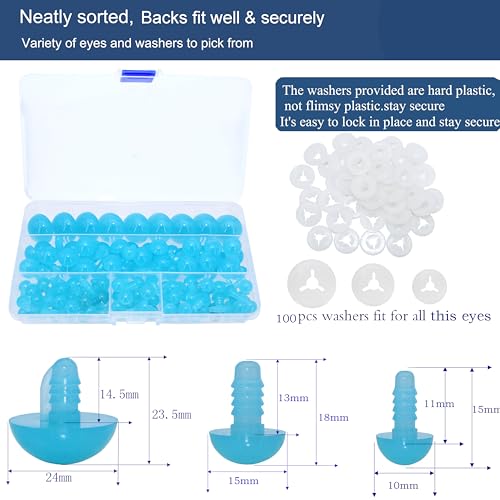 200Pcs Safety Eyes and Secure Washers for Amigurumi Crochet - Thalinfayi 10/15/24mm Safety Eyes Translucent Colored Craft Eyes for DIY Making or Replace of Amigurumi, Crafts, Crochet Doll Supplies - Thumbnail 3