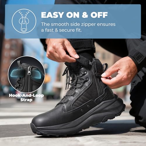 NORTIV 8 Men's Wide Toe Box Work Military Tactical Boots Barefoot Hiking Low Drop Leather Side Zipper Motorcycle Combat Boots Pikes4