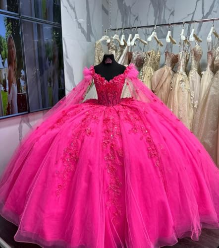 Glitter Beaded Quinceanera Dresses with Cape Princess Flowers XV Dress Puffy Ball Gown with Train YU0154
