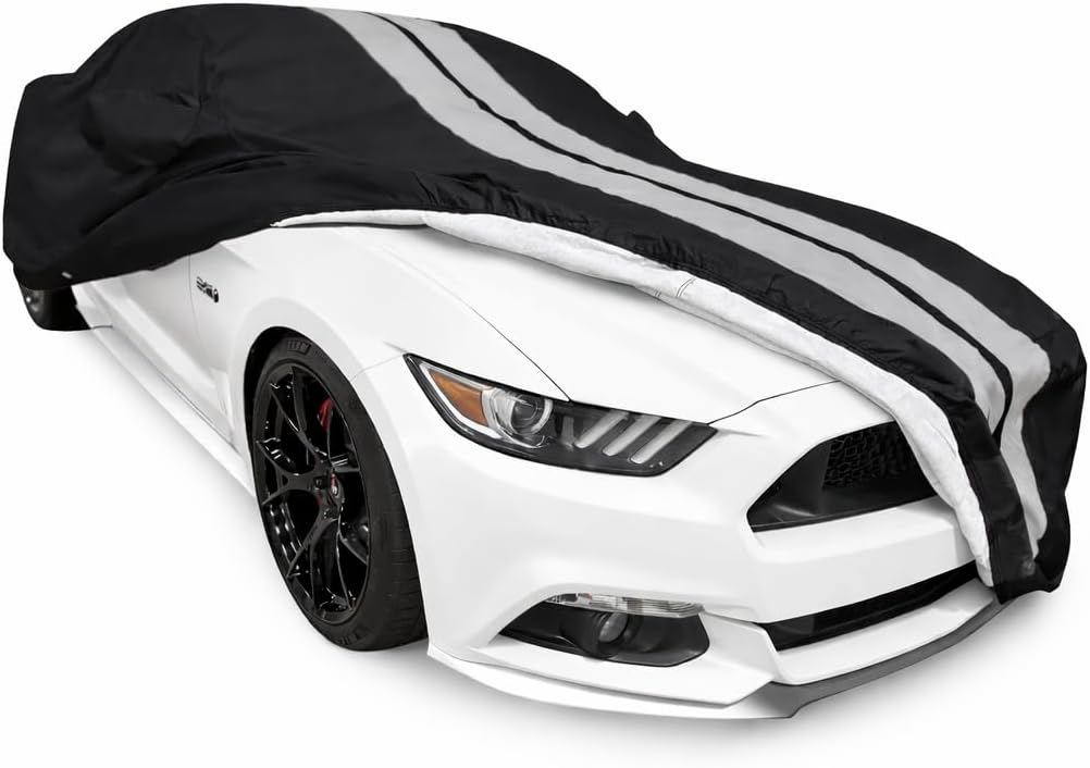 SR1 Performance USA Ultraguard Plus Mustang Car Cover 2005–2026 - Custom Fit Ford Mustang, Water Resistant Breathable 300D, Indoor/Outdoor UV Weather Protection (Black with Gray Stripes)