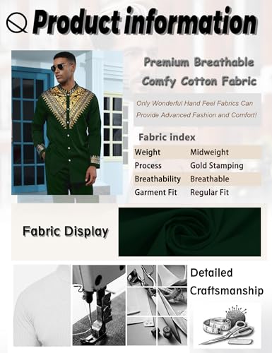 Mens African 2 Piece Set Metallic Traditional Suit Gold Stamp Printed African Dashiki Shirt and Pants Outfit4